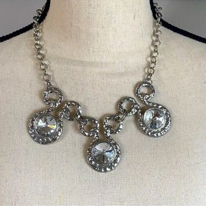 Clear Crystal Silver Toned Hammered Bib Necklace 1990s